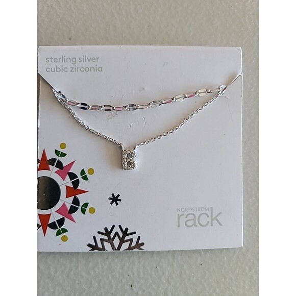 NWT Nordstrom Rack Sterling Silver CZ "B" Initial Double Chain Necklace - Picture 2 of 5